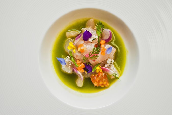 The restaurant Laja in the valley leans more to the Mediterranean than to down-home Mexican. Here, Laja’s take on aguachile, a Mexican version of ceviche in which seafood is submerged in lime juice, chile, coriander and salt. Credit Oriana Koren for The New York Times